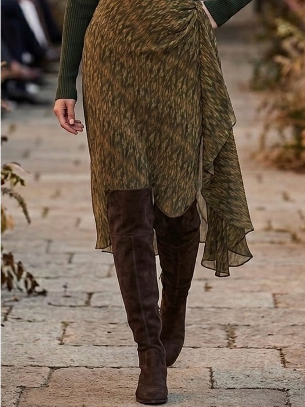 Lauren Ralph Lauren Petite 100% Silk Ikat Faux Wrap Midi Skirt Green Brown P/M